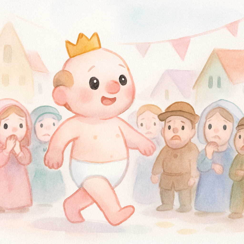 임금님이 속옷만 입고 마을 퍼레이드에 나타나고 사람들이 조용히 지켜보는 장면